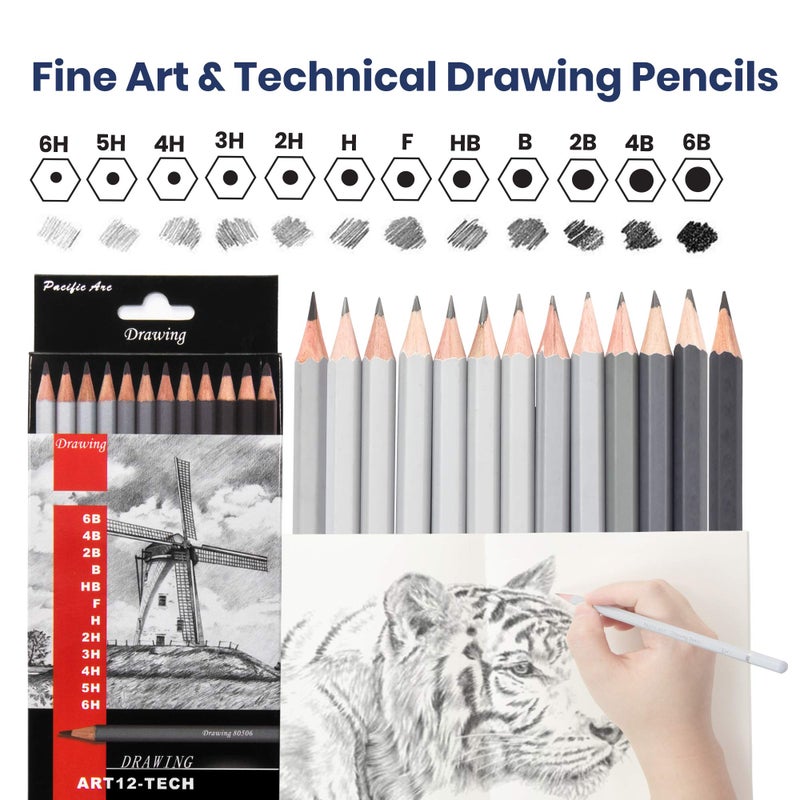 Pacific Arc Premium Graphite Drawing Pencils for Artists, Tech Pack - Professional Pencils for Drawing, Drafting, Sketching and Shading 12 Pk. - Great Non Toxic Art Supplies Set - Image 2